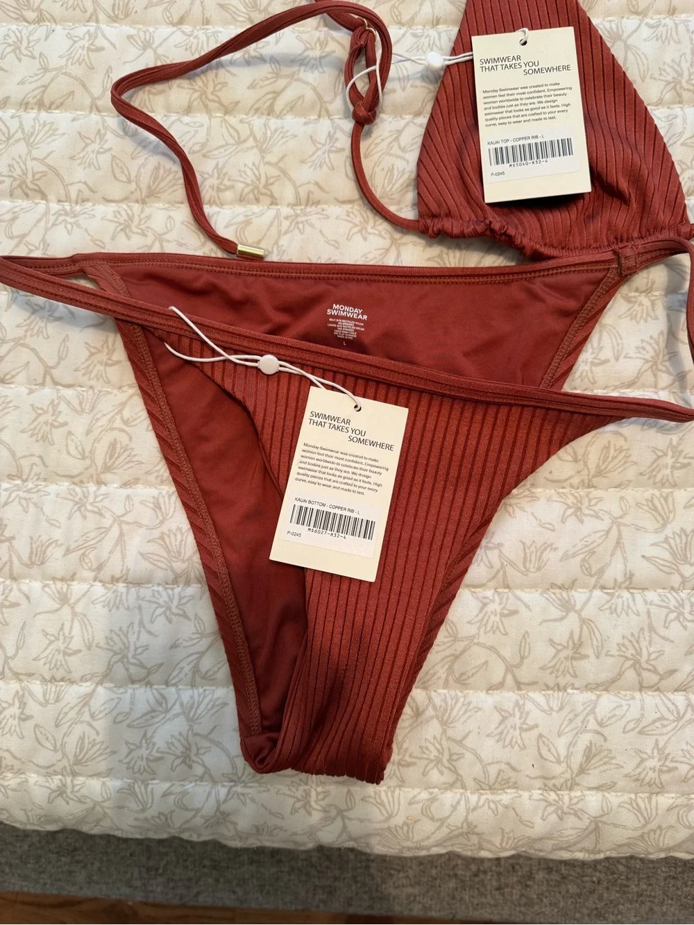 Monday Swimwear Ribbed Triangle Bikini Set in Rust